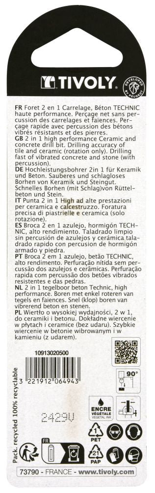 Tivoly 1 Foret Béton-Carrelage 2 en 1 Technic, Rouge, Ø 5 mm