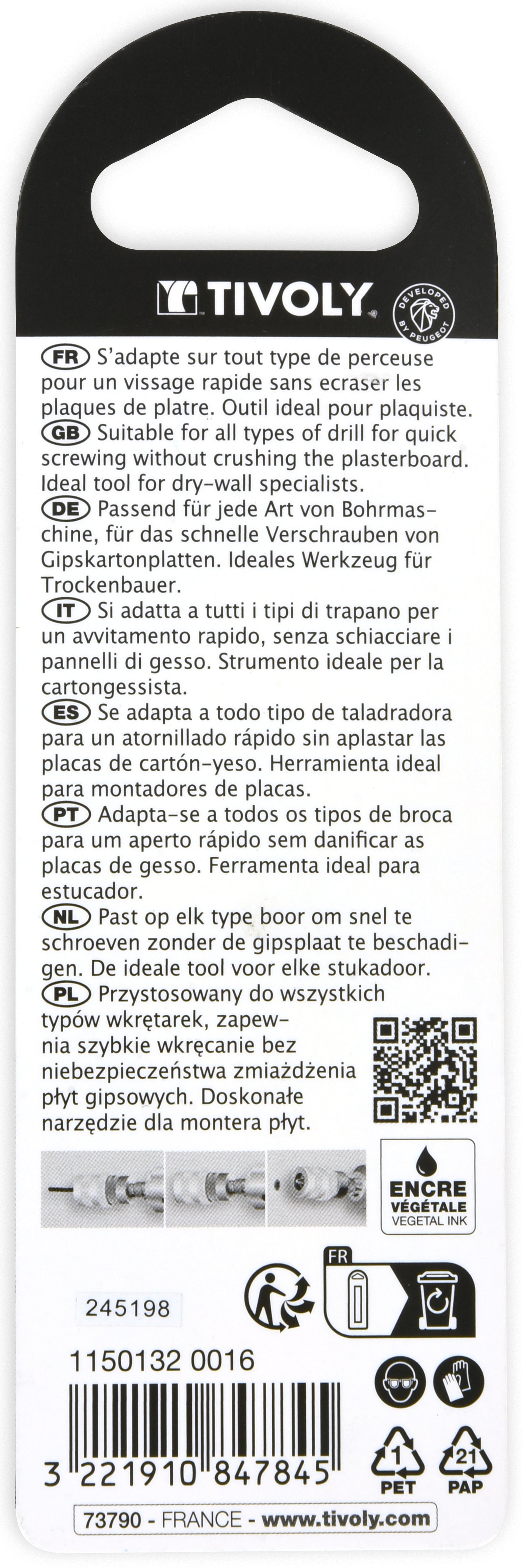 Tivoly Spécial plaque de plâtre L75mm avec un embout de vissage PH2