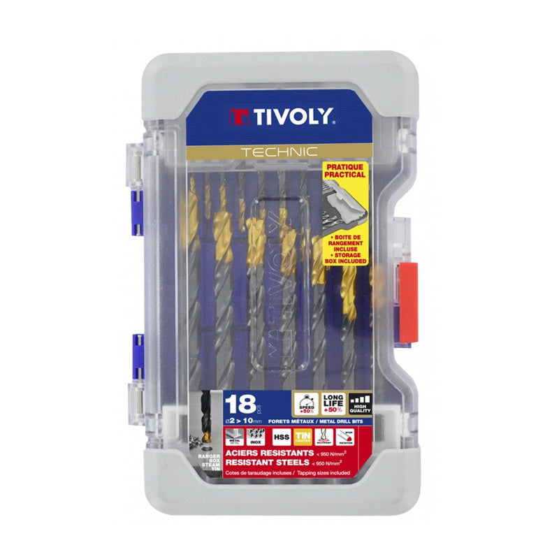 Tivoly 18 forets métaux HSS STEAM revêtus TiN taillés meulés pointe en croix queue à 3 méplats Ø 2 à 10mm