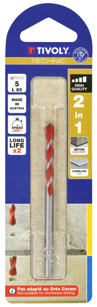 Tivoly   1 Foret Béton-Carrelage 2 en 1 Technic, Rouge, Ø 5 mm