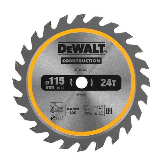 Lame de scie circulaire sans fil DEWALT DT20420-QZ Carbure Construction Ø115x9,5mm, 24 dents