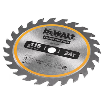 Lame de scie circulaire sans fil DEWALT DT20420-QZ Carbure Construction Ø115x9,5mm, 24 dents