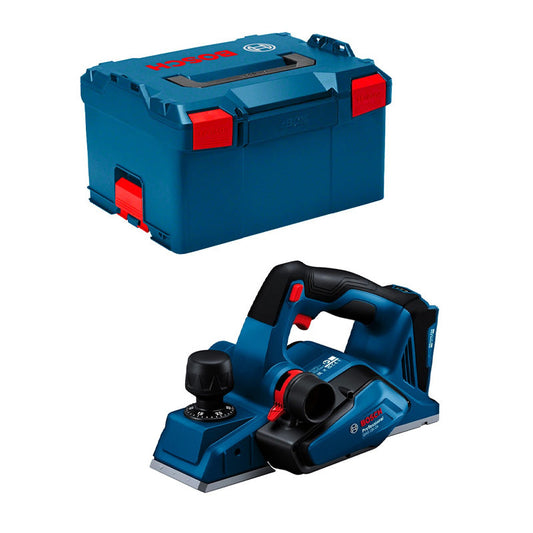 Rabot 82mm 18V BOSCH GHO 18V-26 solo L-Boxx, butée et sac à poussière