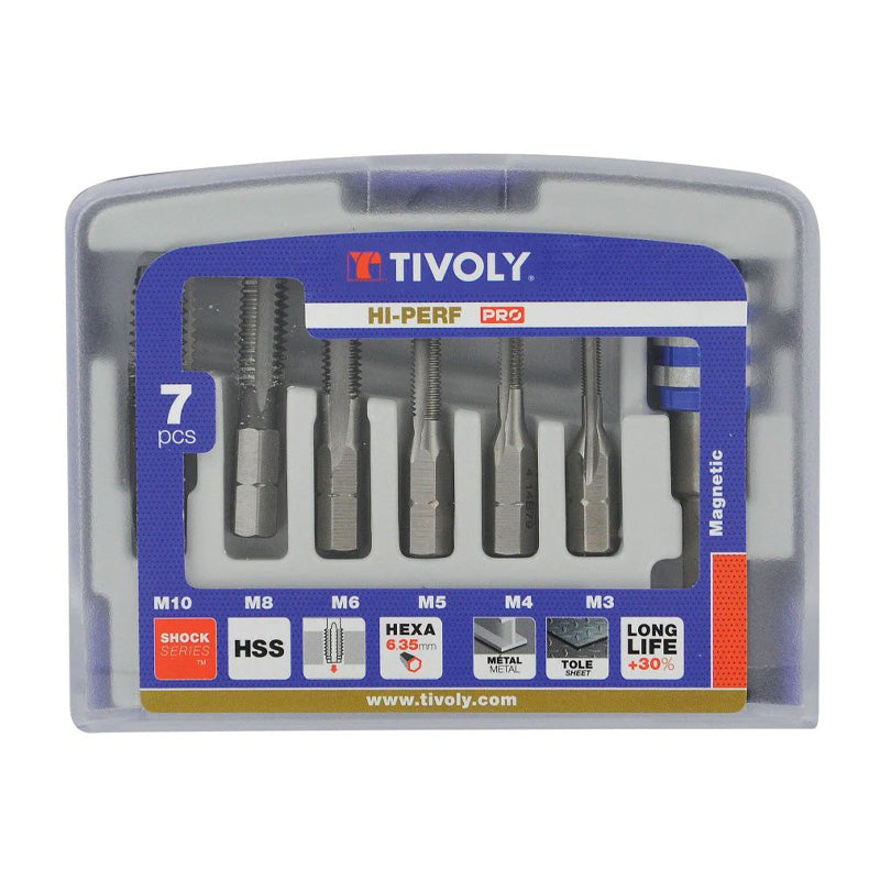 Tivoly   7 pièces - 6 tarauds HSS queue hexagonale M3 à M10 -Porte-embout Quick change